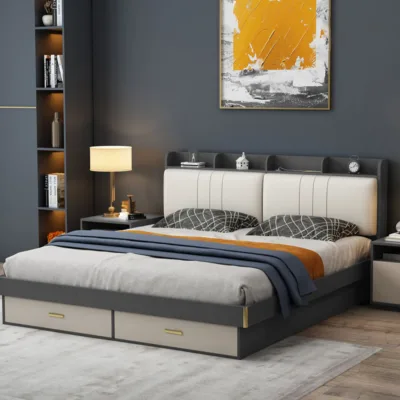 Solid Wood Light Luxury High Box Storage Bed Queen Bed Frame Furniture With Paint-Free Board