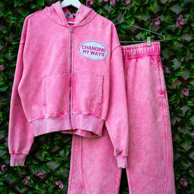 Custom 500 600 Gsm pink Sun Faded Acid Washed Oversized Sweatsuit Jogger Sweatpants and Hoodie Set Applique Zip up Cotton Hoodie
