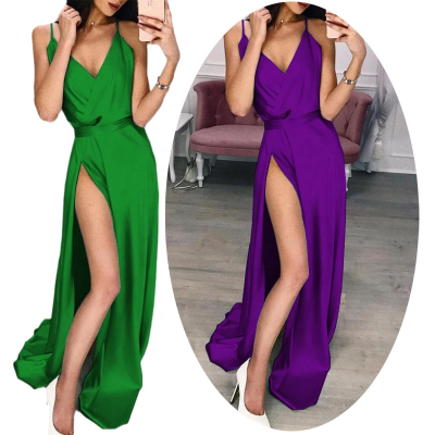 Silk Evening Gown Long Violet Party Dresses High Slit Nightdress Sexy V Neck Prom Outfits Women Clothes Stain Slip Dress