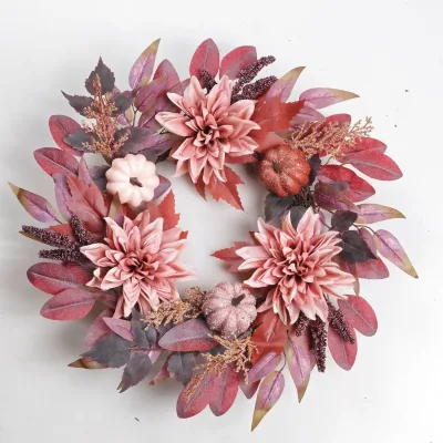 Artificial Dahlia Wreath Plastic Eucalyptus with Pumpkin and Berry for Christmas DIY Craft Office Home Events Decoration