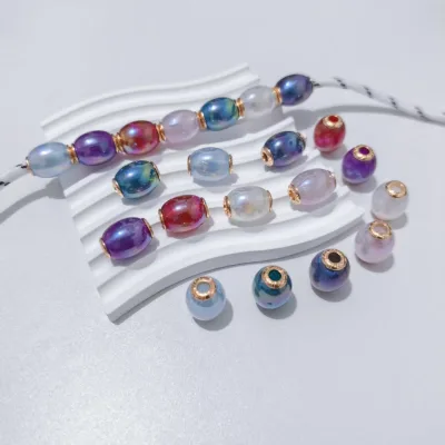 Gilded Edge with Iridescent Oval-shaped Gemstones  Pearl Shimmering  Large-hole   DIY Stringing Pen Bracelet Accessory Material.