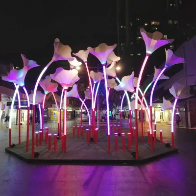RGB Color Changing Ginkgo Leaf Arch Sculpture Light Red Metal Curved Pole Acrylic Floral Landscape Lamp for Outdoor Wine Bar