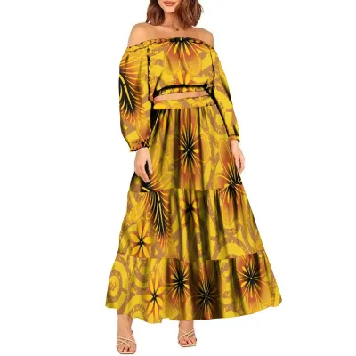 1MOQ Tapa Melanesia Design Women Elegant Off Shoulder Crop Top Matching Maxi Tiered Dress Custom Big Size Polynesian Dresses