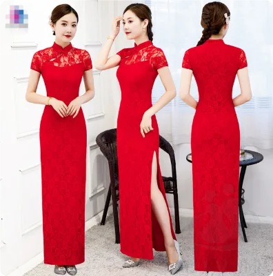 Women Long Short Sleeve Cheongsam Summer Retro Qipao Dress Plus Size Catwalk Show Stage Costume Improved Long Dress for Mother