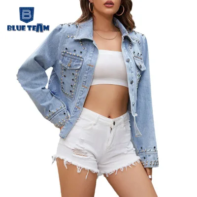 Blue Team | Custom 2023 Trendy Ladies Light Blue Denim Skirt Sets Girl Vintage Crop Top Jean Jacket Set for Women Denim Studs