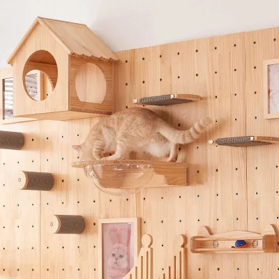 No Drill Wall Mounted Japanese Style Solid Wood Cat Tree Modern Luxury Cat Perches Wall Shelving Unit Christmas Halloween