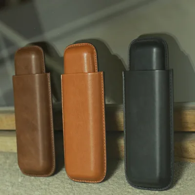 Authentic Cigar Leather Case 2 Tubes Portable Smoking Accessory Pouch Blank Logo Carrier Father Birthday Present Boman