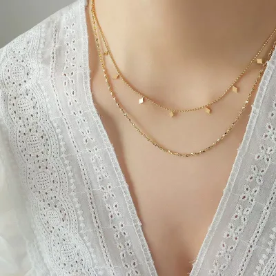 High Quality Double Layer Necklace Women Titanium Steel Dainty Rhombus Pendant Necklace Tassel Stacking Necklace Jewelry