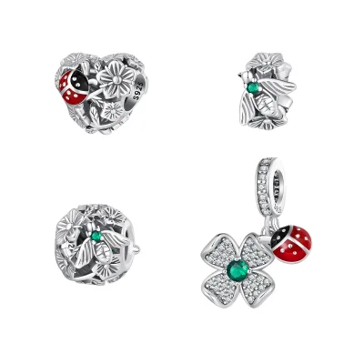 Hot Selling 925 Sterling Silver Lucky Ladybug Beads Four Leaf Clover Charm Fit Bracelet Necklace DIY Pendant for Women Jewelry