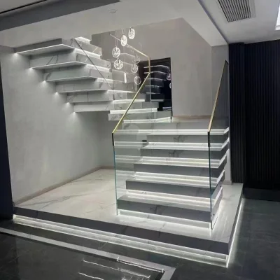 Single Longitudinal Beam Staircase Loft Interior and Exterior Rod Railing Wooden Pedal Design Modern Style Stair