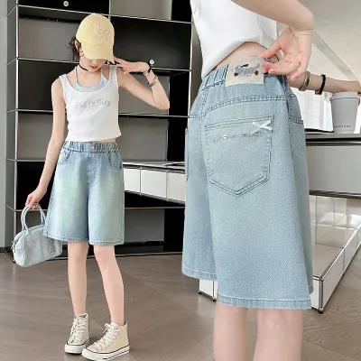 Girls Cartoon Denim Shorts Summer New Arrival Mid-Length Loose-Fit Chic Western-Style Cropped Pants Older Kids Korean Style