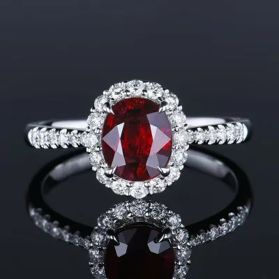 Colored gemstone and ruby ring for women, simulating red corundum and tourmaline color ring, set with diamonds and plated with