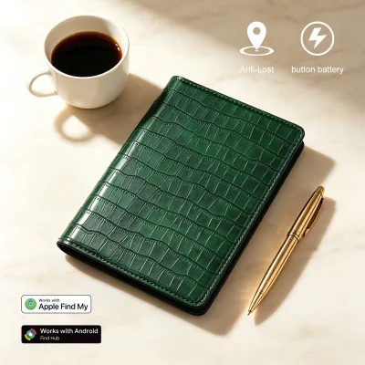 Premium Sustainable Vegan Leather Passport Wallet with Find My Replaceable Coin Cell Battery Anti-Lost Travel Organizer