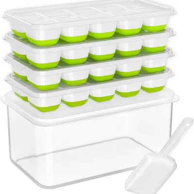 4 Pack Silicone Plastic Ice Cube Tray Lid Freezer Box/Container Stackable Storage Iced Bucket Kits Scoop for Ice Cream Tools