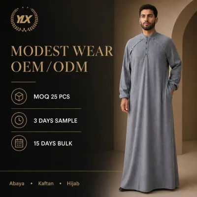 Custom Made Men Heather Grey Knit Thobe Button Front Casual Islamic Robe OEM