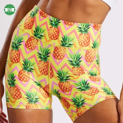 Customised logo Pineapple Print Short Leggings High Elasticity Fitness Sport Sublimation Boxer Shorts for Women