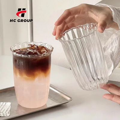 2025 New Wide Mouth Latte Cups Heat Resistant Cocktail Glass Coffee Cups Outdoor Ribbed Coffee Glass