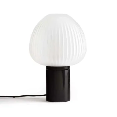 Elegant White Frosted Glass Mushroom Table Lamp with Black Stone Stand Contemporary Accent Desk Light