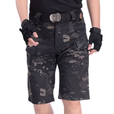 Summer Multi Pocket Tactical Cargo Shorts Man Casual Pants Polyester Cotton Camouflage Shorts