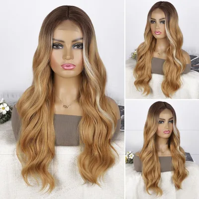 Europe and United States Wig Long Big Wave Lace Front Head Wig Blonde Gradient Wave Roll Light Brown Lace Small Cap Size