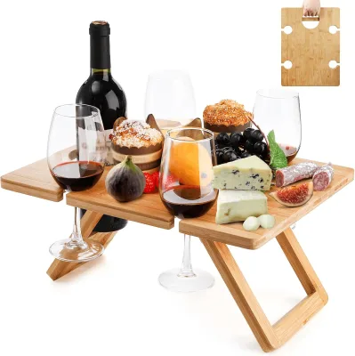 Portable Wine Picnic Table with Glasses Holder Foldable Champagne Snack Cheese Table Serving Tray for Camping Park Beach Bed