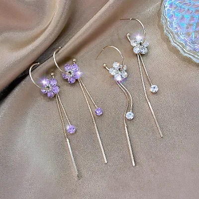 Fashion Temperament Tassel Drop Earrings Long purple Flower Crystal Pendant Earrings for Women