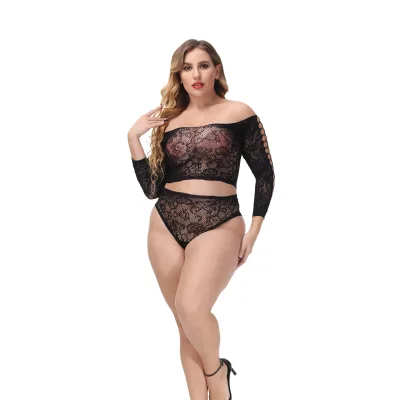 Queen Extra Large XL 4XL Size Bra and Underwear 2pcs Long Sleeve Nylon Fishnet Bodysuits Sexy Lingerie