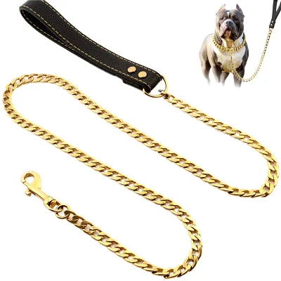 Chew Proof Chrome Stainless Steel Dog Chain Lead Metal Springs Dog Leash PU Handle Anti-Biting Pet Leash Dog Tie Out Metal Chain