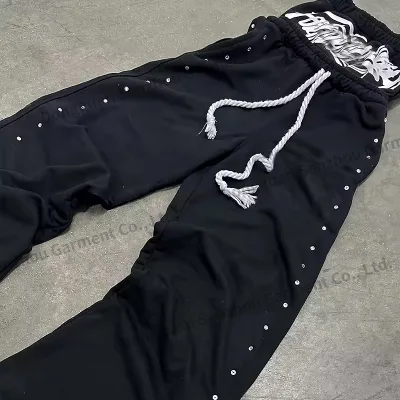 Custom Oversized Rhinestone Double Waist Trackpants Track Sweat Jogger Pants 3d Puff Print Flared Stacked Sweatpants for Men