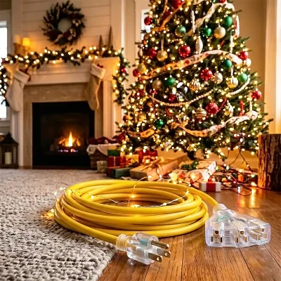 Yellow Power Cord Heavy Duty 3 Outlet Lighted End US Plug 15A 125V Flexible Indoor Outdoor Power Extension Cable
