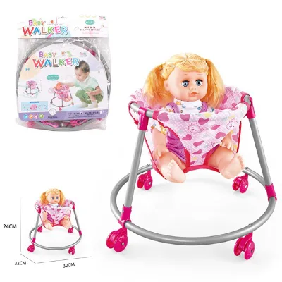 14inches Baby Doll and Wheeled Walker Seat Play Set for Kids Girls Dolls Collection Care Role Play Game