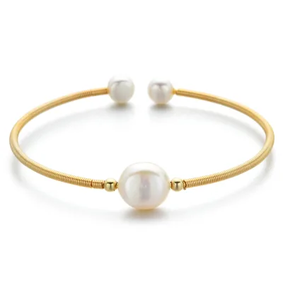 High Quality Adjustable Stainless Steel 18K Gold Plated Jewellery Women Cuff Bangle Pearl for Women