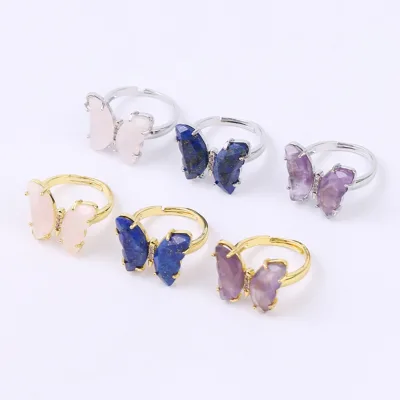 Hot Selling Crystal Ring Natural Gemstone Butterfly Shaped Ring Women's Copper Material Electroplated Color