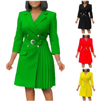 WIth Belt French Elegant Patchwork Long Sleeve blazer Pleated Suit Collar Ladies Trendy Office Career Dresses for Women