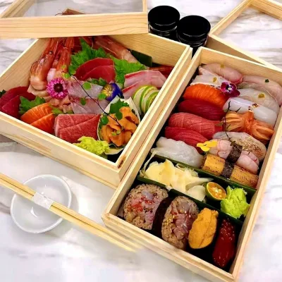 Handmade Customizable Wooden Gift & Storage Box for Sushi Food Delivery Packaging Rectangular Shape with Screen Printed Design
