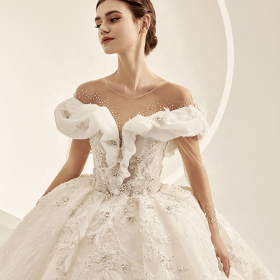 Modern Bridal Wed Dress Long Shoulder Dress Gowns Beading Lace Ladiel Wedding Bridal Gown Dress