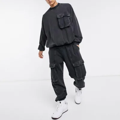 2020 Men Fashion Streetwear Acid Wash Cargo Jogger Sweatshirt Hip Hop 2 Piece Jogging Tracksuit