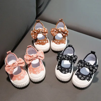 Cute Bow-Knot Ankle Canvas Shoes with Velcro Closure and Rubber Outsole for Little Girls-Jogging Shoes