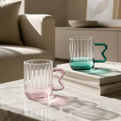 350ml Modern Ribbed Glass Coffee Mug with Unique Colorful Wavy B-Shape Handle Heat Resistant Borosilicate Glass Water Cup