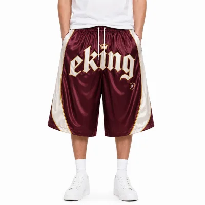 Custom Premium Streetwear Basketball Shorts Baggy Men Burgundy Shiny Satin Fabric Multi Panel Print logo 3/4 Baggy Shorts