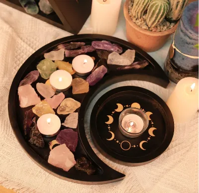 Wood Crescent Moon Tray Crystal Holder Set Display for Stones Storage Wicca Lunar Organizer for Essential Oil Rocks Altar Table