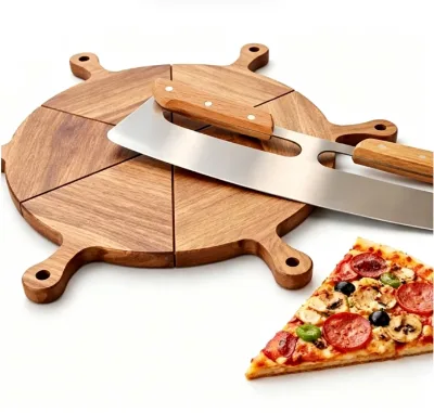 Premium Wooden Pizza Serving Board Set 6 Slice Detachable Pizza Tray with Stainless Steel Rocker Knife