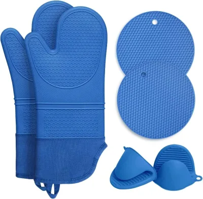 Blue Silicone Cotton Stripe Oven Mitt Pot Holder Set Kitchen Baking Cooking Heat Resistant Chef Oven Glove Set
