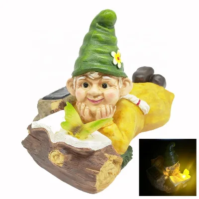 Garden Reading Gnome Lamp Statue Waterproof Solar Resin Elf Figure for Patio Lawn Yard Porch Decoration with Solar Lights