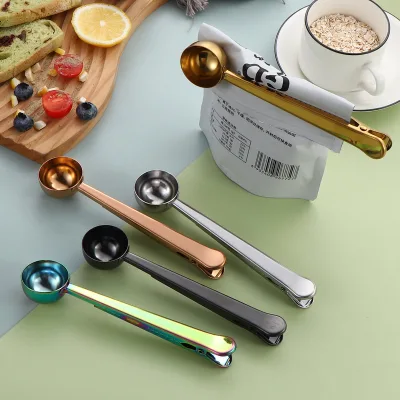 Wholesale Stainless Steel Scoop Tablespoon Protein Powder Coffee Moisture-Proof Measuring Spoon Long Handle Sealing Bag Clip for