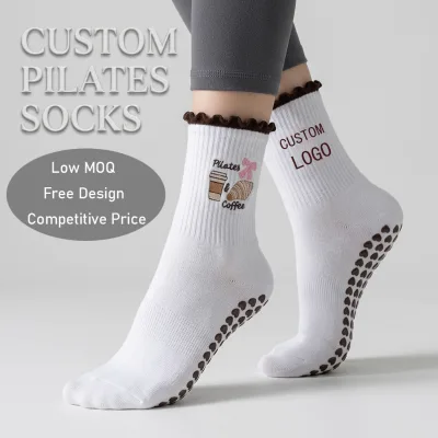 Women's Autumn Heart Bow Anti-Slip Pilates Ruffle Socks Mid Frill Knitted Grip Cherries High-Crew Customized Body Cuff Bottom
