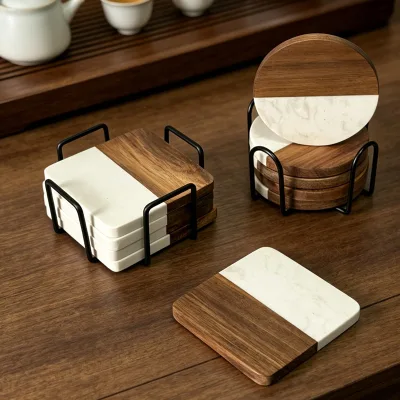 Factory Wholesale Custom Modern 4 Piece White Marble and Acacia Wood Coasters Set with Stand