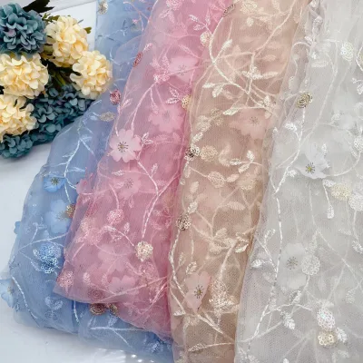 New Mesh Fashion Sequins 3D Embroidery Fabric Laser Flower Mesh Embroidery Lace Fabric for Children's Clothing Dress