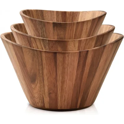 Wooden Salad Bowl Set, Salad Bowls Set of 3 - Wavy Design Salad Bowl Set for Serving Natural Wood Dining Accessory