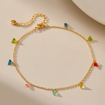 Hot Selling Simple O Chain Single Thin Chain Anklet Color Triangle Glass Zircon Anklet 18K Gold Plated Anklet for Women